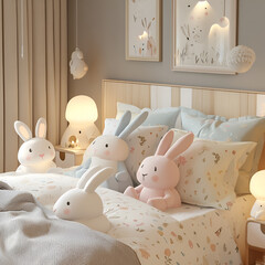 Cozy children's bedroom with plush toys home interior design calm environment warm lighting comfort theme