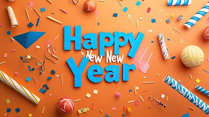 Marking Happy New Year written in bright blue on a vibrant orange background, accented with playful geometric shapes in white.
