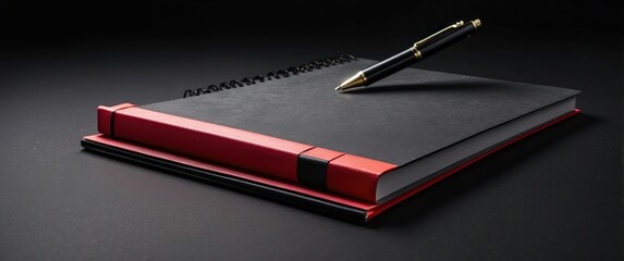 Elegant black notebook with red accents and a pen on a minimalist desk, perfect for planning or creative writing.