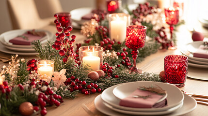 red and white christmas table setting with candles and festive decorations
