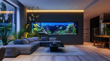 Modern living room with large aquarium.
