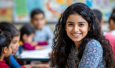 Obraz premium A smiling girl in a classroom setting surrounded by peers, engaged in learning activities.