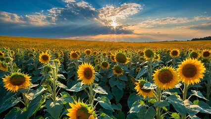 Obraz premium A vibrant sunflower field under a dramatic sunset, showcasing nature's beauty and tranquility.