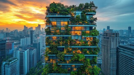 Obraz premium A modern building adorned with greenery against a sunset skyline.