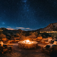 night sky bonfire campsite with starry sky and mountain landscape