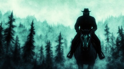 Naklejka premium Lone Cowboy Riding Through Misty Forest at Dusk