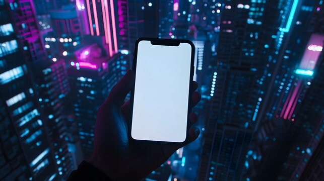 A hand holding an iPhone with a white screen, a city skyline in the background, neon lights, nighttime