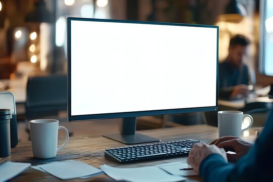 A person is sitting at an office desk, typing on the keyboard. A large mockup of blank computer screen is visible in front of them, providing space for custom text or images