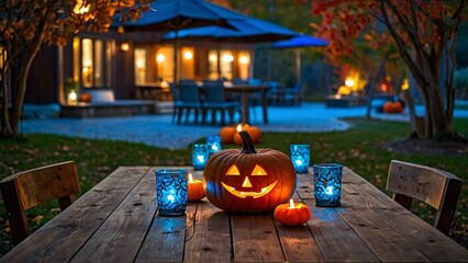 A cozy outdoor setting decorated for Halloween with pumpkins and glowing candles.