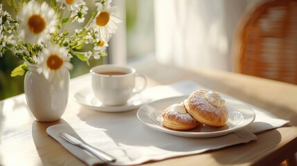 Fresh Pastries with Coffee and Flowers on a Sunny Table