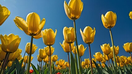 Fototapeta premium A vibrant field of yellow tulips under a clear blue sky, showcasing nature's beauty.