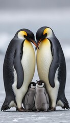 A family of penguins huddled together on an icy landscape.