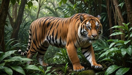 Obraz premium A fierce tiger prowling through dense jungle foliage