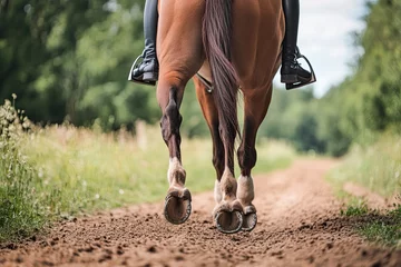 Fototapete Front view of a woman horseback riding on a trail close-up of the horse’s hooves © Radithya