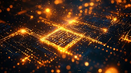 Glowing circuit board lines and nodes, abstract digital technology background.