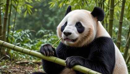 Obraz premium A gentle giant panda munching on bamboo.