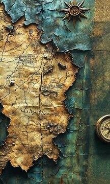 An ancient, cracked map with a textured surface and decorative compass elements.