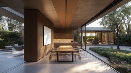 Modern Minimalist Dining Area with Natural Light and Outdoor Views