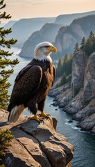 A majestic bald eagle perched on a cliff.