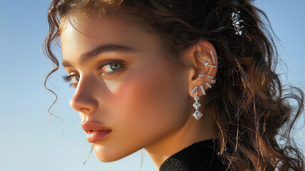 Stylish ear piercings with multiple studs enhance beauty of this model. shimmering jewelry complements her radiant skin and captivating gaze, creating striking visual