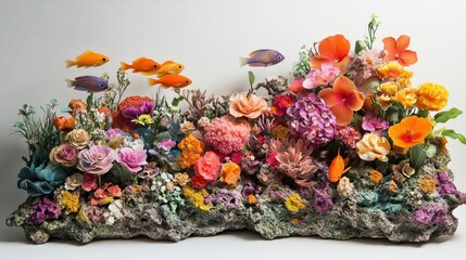 A vibrant underwater scene featuring colorful coral and flowers with fish swimming above.
