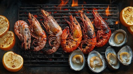 Grilled seafood featuring shrimp and oysters with lemon on a barbecue grill.