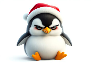 Naklejka premium Festive Grumpy Penguin in Santa Hat