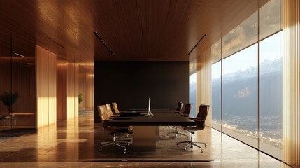 Fototapeta premium Modern Office Conference Room with Panoramic Mountain Views