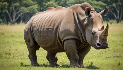 Fototapeta premium A powerful rhinoceros standing in a grassy field