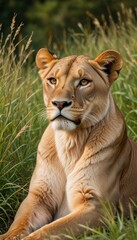 Obraz premium A regal lioness resting in the tall grass.