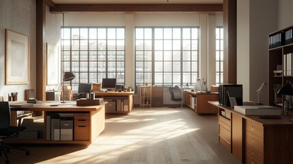 Modern Bright Office Interior With Large Windows and Wooden Furniture