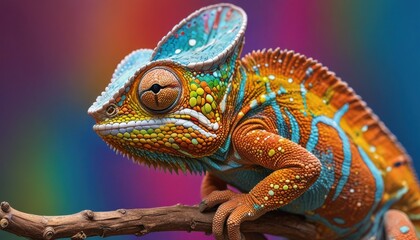 Obraz premium A vibrant chameleon blending into a colorful background.