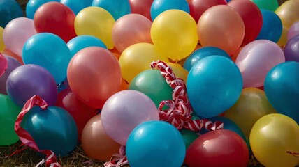 Colorful balloons scattered on the ground for a festive celebration during a sunny day