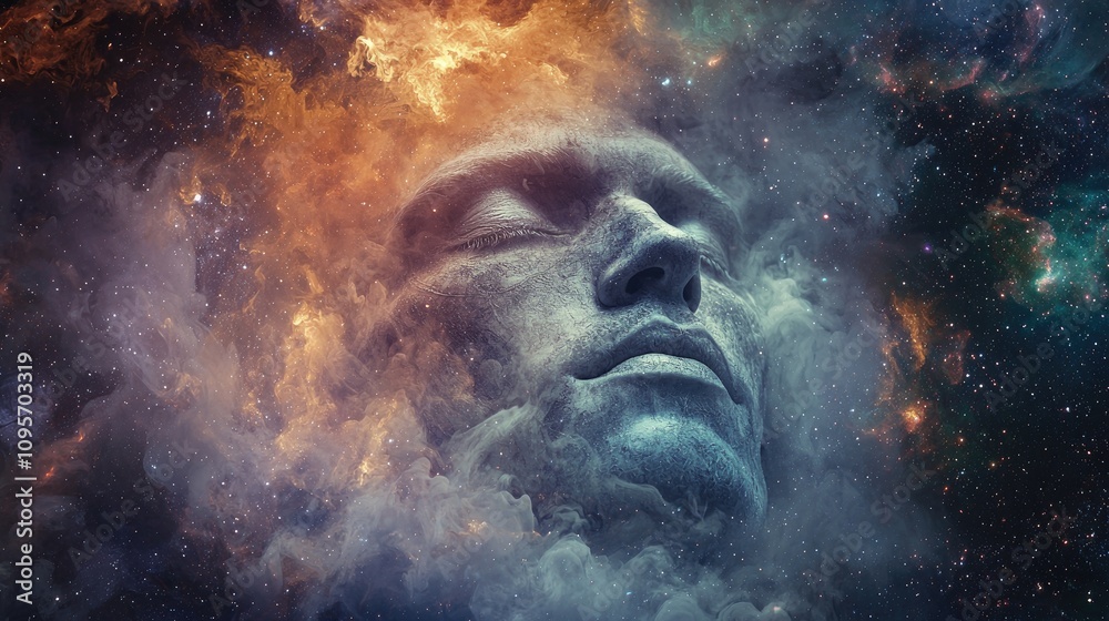 Wall mural man's face surrounded by fog against the backdrop of the universe. in esoteric style
