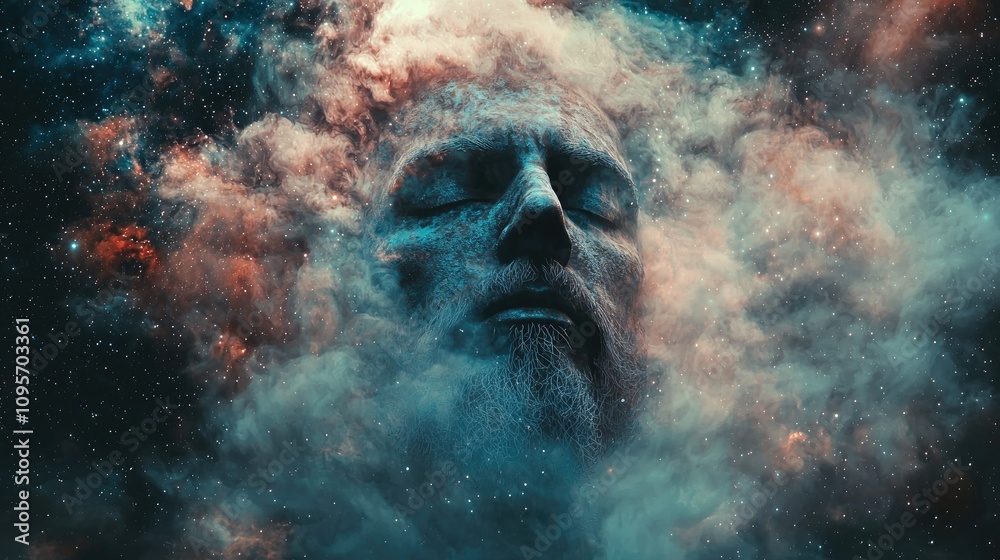 Canvas Prints man's face surrounded by fog against the backdrop of the universe. in esoteric style
