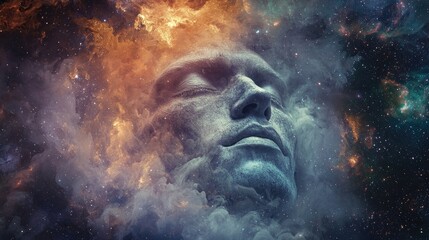 Fototapeta premium man's face surrounded by fog against the backdrop of the universe. In esoteric style