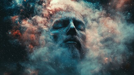 Fototapeta premium man's face surrounded by fog against the backdrop of the universe. In esoteric style