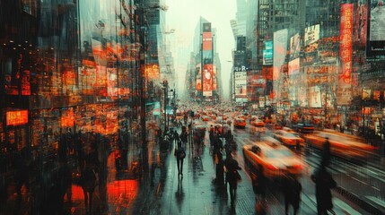Fototapeta premium A bustling city scene with blurred figures and vibrant lights, depicting urban life.