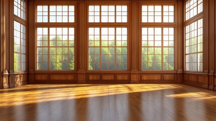 Spacious wooden interior with large windows and natural light