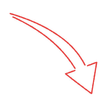 recommend clip art: 右肩下がりにカーブしている赤い矢印の手書きイラスト - シンプルな下落やダウンのイメージ素材