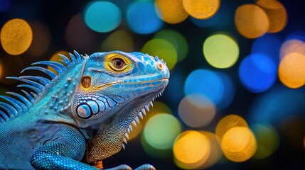 Fototapeta premium Stunning Portrait of a Vibrant Iguana with Colorful Bokeh Background Emphasizing Its Intricate Scales and Unique Features in a Captivating Setting