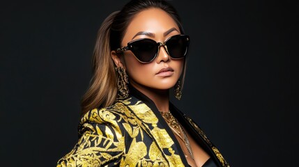 Obraz premium Fashionable Woman in Elegant Black and Gold Outfit with Sunglasses