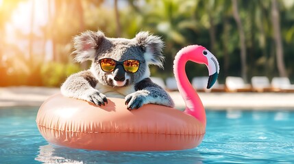 Koala Chillin' in the Pool with a Flamingo Float. AI Generated