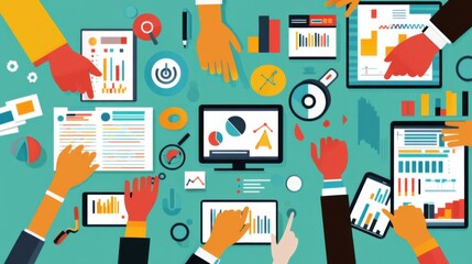 Fototapeta premium Collaborative Analyzing of Data with Graphs, Charts, and Devices on a Colorful Table in a Modern Workspace Environment