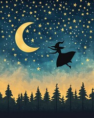 A witch flying under the moonlit sky.