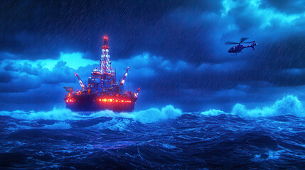 Obraz premium futuristic oil rig illuminated in stormy waves, with helicopter hovering above, creates dramatic scene of adventure and resilience