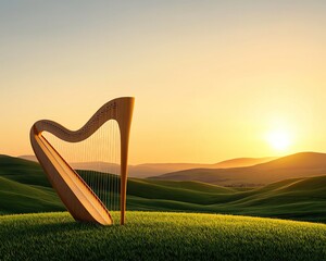 Harp silhouette at sunset on green hillside.