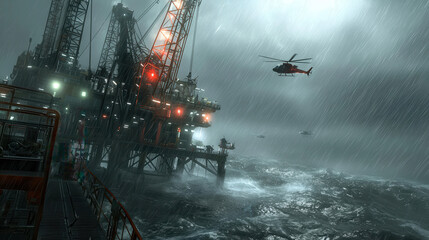 Industrial oil rig in stormy setting with helicopters flying above, showcasing dramatic atmosphere and turbulent sea. scene captures intensity of nature power