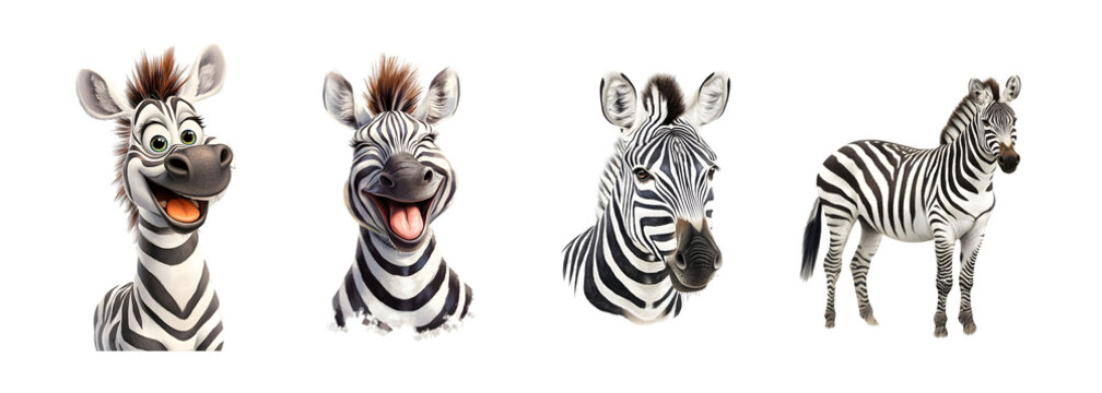 Playful animated zebras with expressive faces showcasing different emotions.