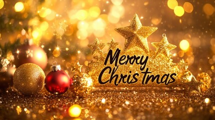 Vibrant "Merry Christmas" displayed in multicolored letters on a clean white background, decorated with festive icons like gifts and snowmen.